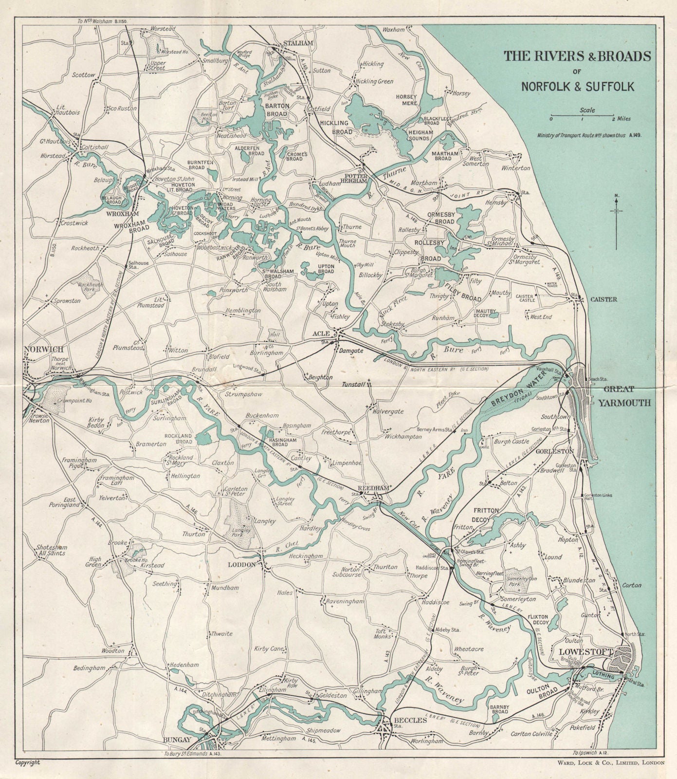 THE NORFOLK BROADS. Great Yarmouth Lowestoft Beccles Norwich. WARD LOCK 1946 map